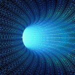 Binary code numbers in highway tunnel, digital data in computer. HAPKIDO funding