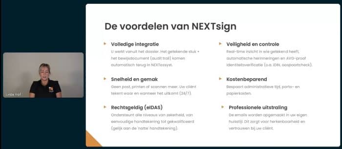 Linda Hof van NEXTlegal licht de voordelen van NEXTsign toe.