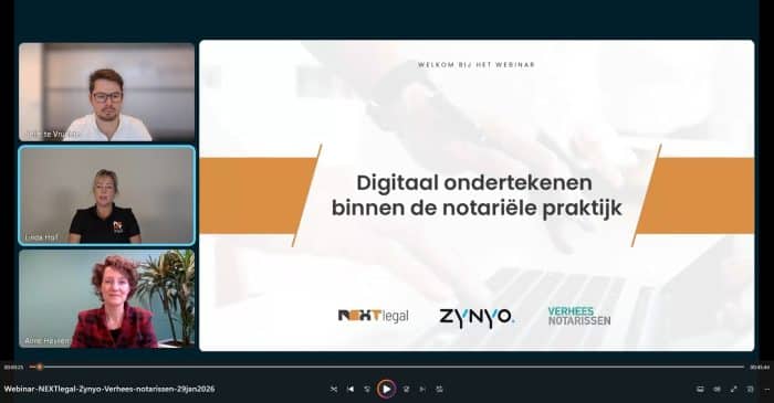 Start webinar Digitaal ondertekenen binnen de notariële praktijk. Met sprekers Jelle te Vruchte, Linda Hof en Anne Heijnen.