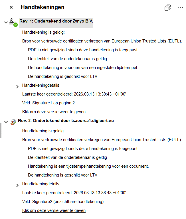 Handtekeningenvenster met daarin de digitale ondertekening van Zynyo